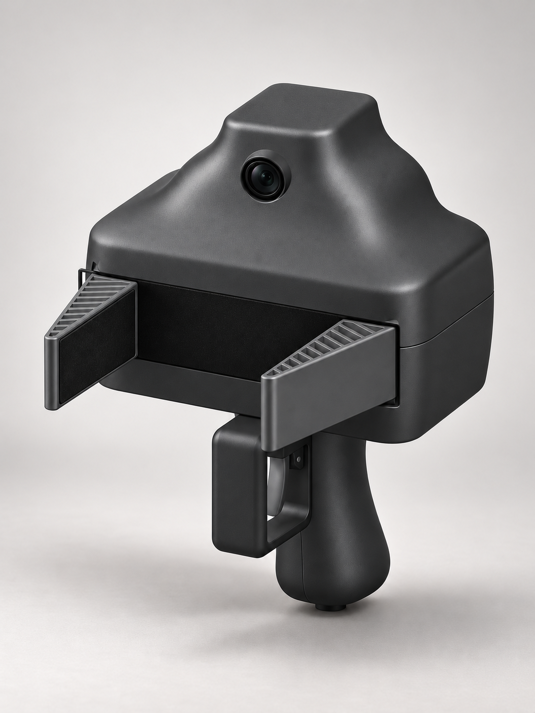 Concept studio view of the complete enclosed handheld Gripper, including its underbody handle, electrical-trigger design, forward ribbed jaws and integrated round camera
