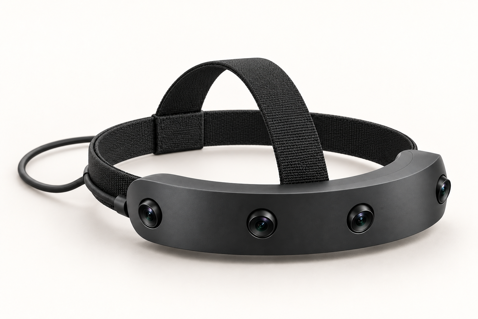 Concept studio illustration of the complete curved four-camera Headband, woven straps and proposed tether