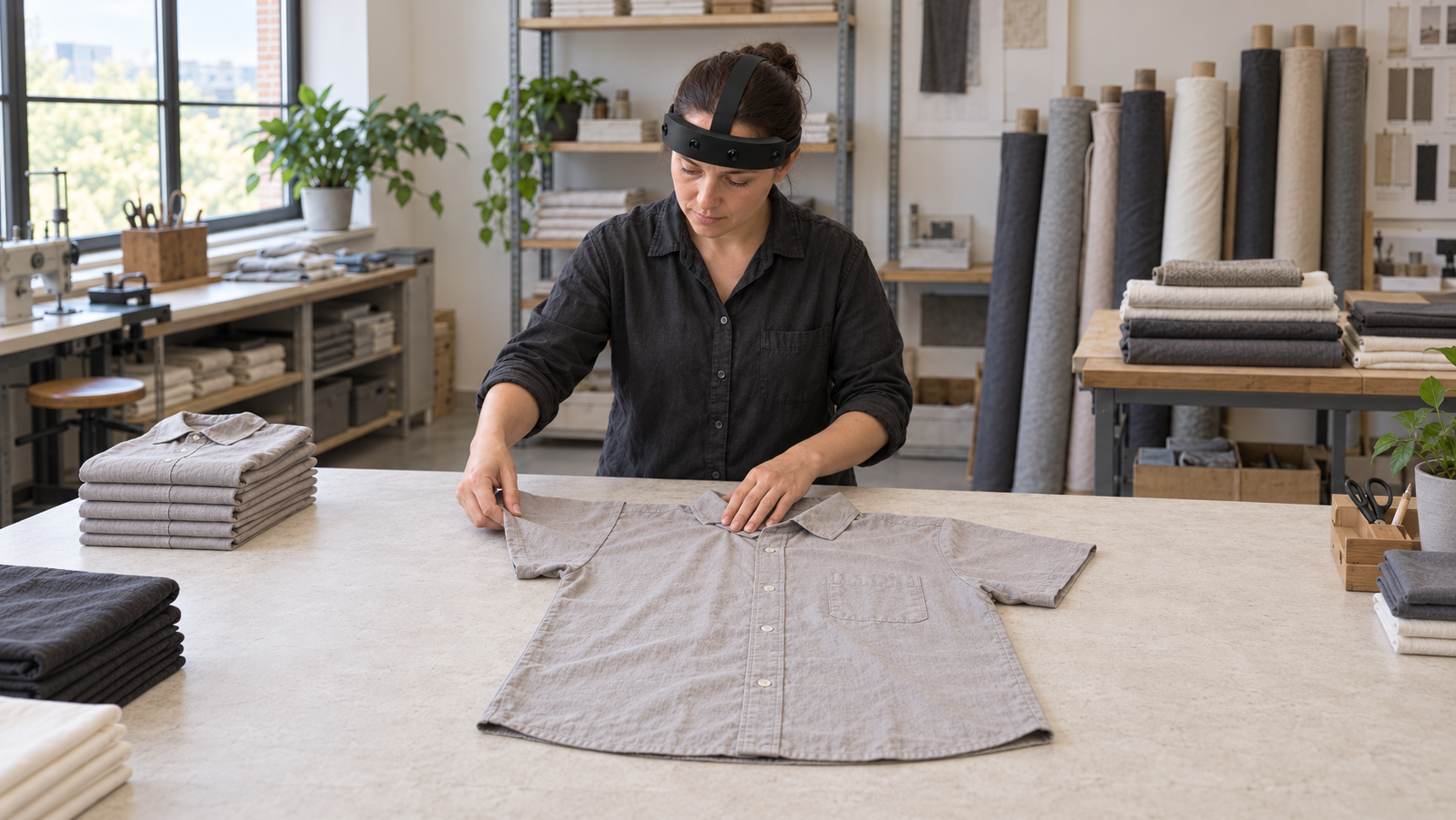 Concept scene of a person wearing Headband above the eyes while both hands fold a shirt at a textile worktable